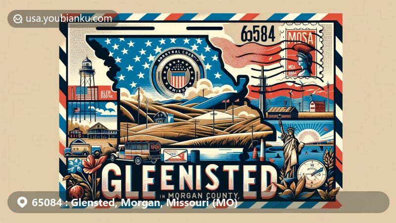 Modern illustration of Glensted, Morgan County, Missouri, featuring ZIP code 65084 with a creative blend of central Missouri landscape, Morgan County outline, and local landmarks in a vintage airmail envelope design.