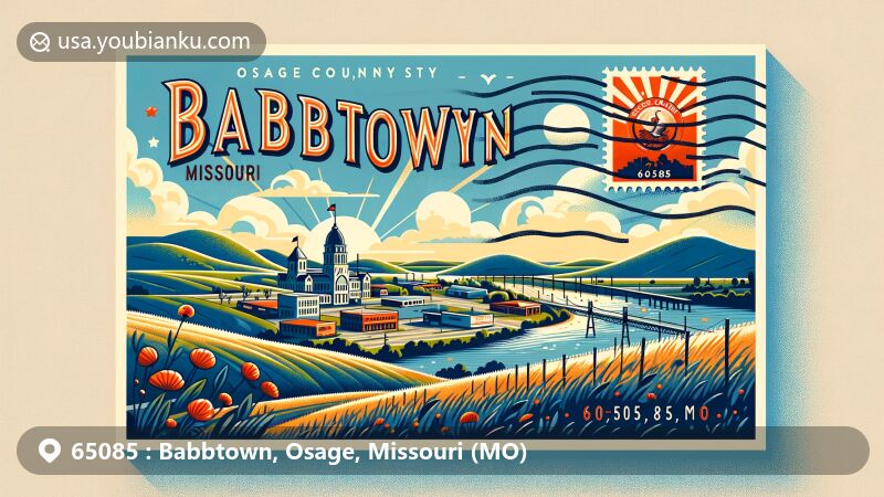 Modern illustration of Babbtown, Osage County, Missouri, featuring rolling hills and symbolic Missouri River landscapes, with state flag in the background. Postal elements like stamp and postmark, marked '65085 Babbtown, MO,' adding regional pride.