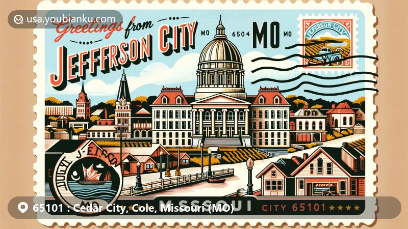 Modern illustration of Jefferson City, Missouri, showcasing State Capitol building, German heritage, and vintage postcard aesthetic with Missouri River stamp and subtle wine-producing nod.