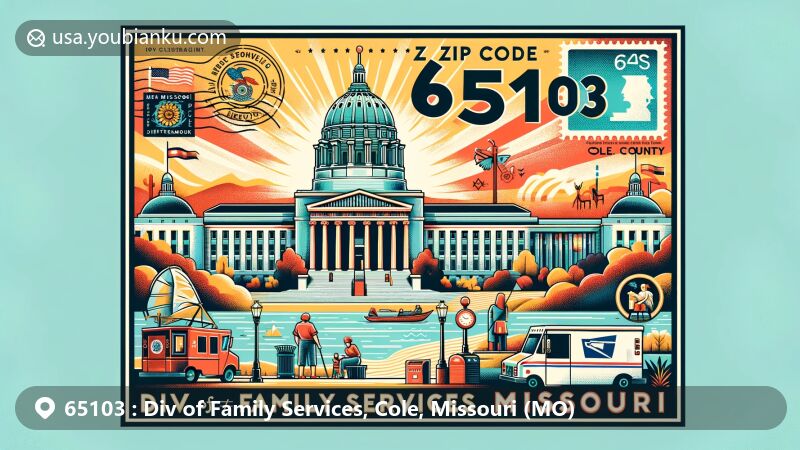 Modern illustration of the Div of Family Services area in Cole County, Missouri, highlighting ZIP code 65103 with a vibrant, culturally rich design. Features include the Missouri State Capitol, vintage postcard layout, postal elements, and the Missouri River in the background.