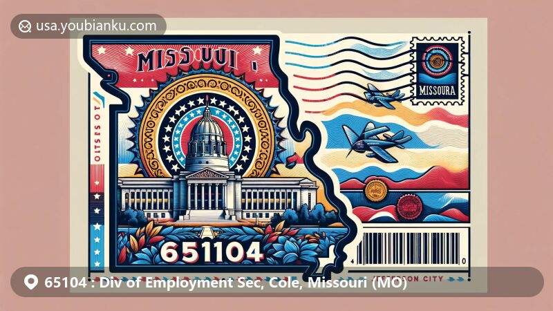 Modern illustration of Jefferson City, Cole County, Missouri, capturing postal theme with ZIP code 65104, showcasing state flag, seal, and Capitol building, adorned with stamps and postmark.