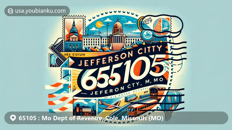 Modern illustration of Jefferson City, Missouri, showcasing postal theme with ZIP code 65105, featuring the Missouri State Capitol building and iconic mail elements.