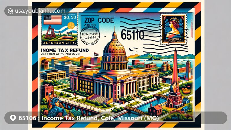 Modern illustration of Cole County, Missouri, showcasing postal theme with ZIP code 65106, featuring iconic landmarks like the Missouri State Capitol, State Penitentiary, and local attractions.