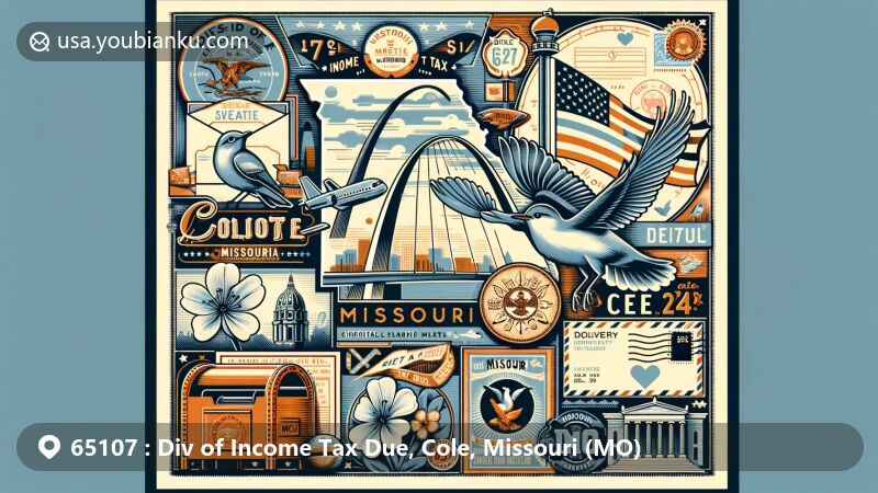 Modern illustration of '65107 Div of Income Tax Due', Cole County, Missouri, blending geographical details with Missouri state symbols and postal theme, including Gateway Arch and vintage postal elements.