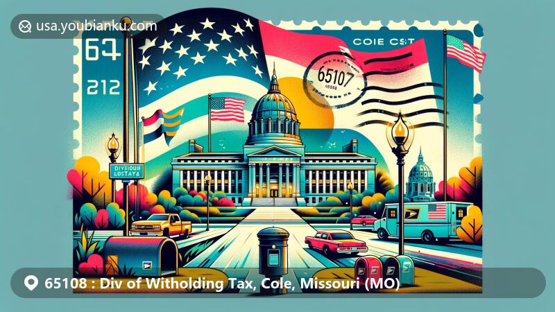 Modern illustration of Cole County, Missouri, capturing ZIP code 65108 elements with Missouri state flag, Cole County outline, State Capitol building, and postal motifs like stamp, cancellation mark, and mailbox, providing unique regional and postal identity.