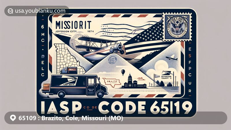 Modern illustration of Brazito area in Cole County, Missouri, inspired by ZIP code 65109, featuring vintage air mail envelope with Missouri state flag stamp, postal truck, Cole County map outline, and Jefferson City skyline.