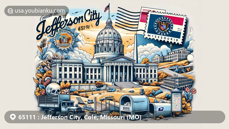 Modern illustration of Jefferson City, Cole County, Missouri, highlighting the 65111 ZIP code area with a creatively designed postcard featuring the Missouri State Capitol, Missouri State Penitentiary, Missouri River, vintage postage stamp, postal truck, and classic mailbox.