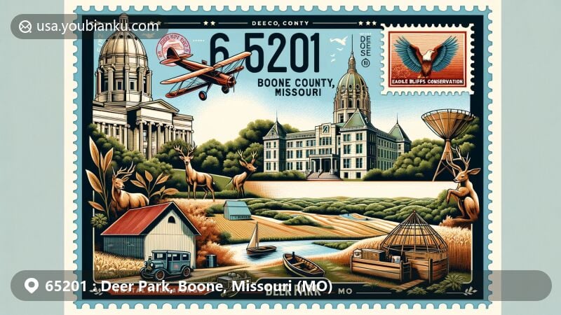 Modern illustration of Deer Park, Boone County, Missouri, combining local landmarks like Governor's Mansion, Eagle Bluffs Conservation Area, and BoatHenge with postal motifs including vintage air mail envelope and postmark for ZIP code 65201.