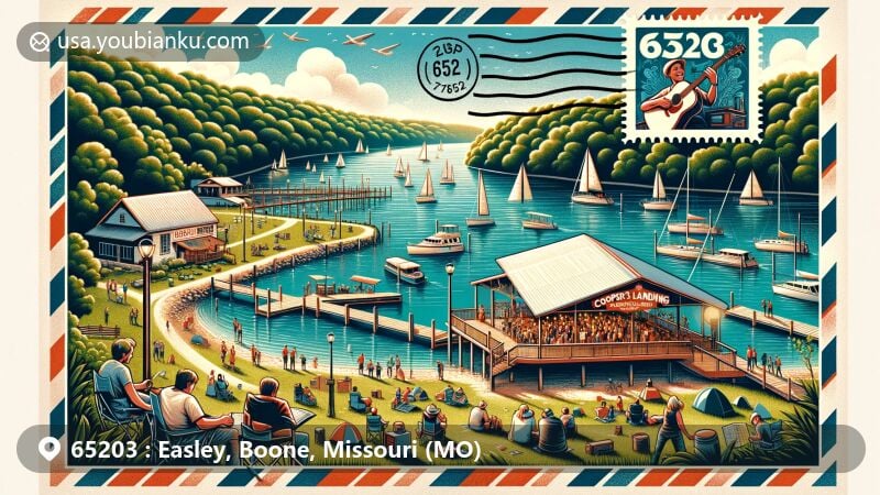 Modern illustration of Easley, Boone County, Missouri, with ZIP code 65203, showcasing postal theme at Cooper's Landing marina and campground, adjacent to Katy Trail and Missouri River.