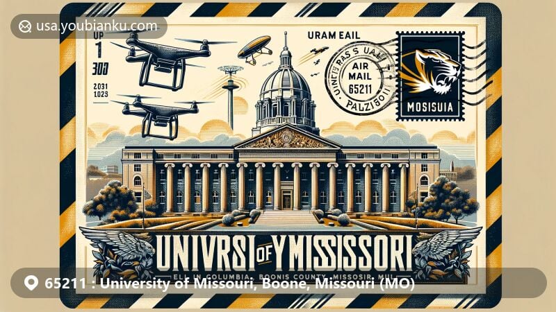 Modern illustration of the University of Missouri in Columbia, 65211, Boone County, Missouri, resembling a vintage air mail envelope, blending postal and academic themes. Features Jesse Hall, Columns, a drone, and Memorial Union Tower, with Truman the Tiger stamp and Boone County outline.