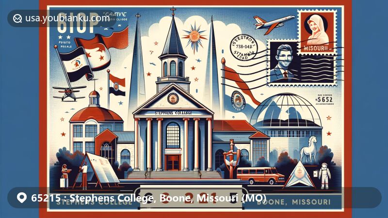 Modern illustration of ZIP Code 65215, home to Stephens College in Boone County, Missouri, featuring iconic Firestone Baars Chapel by Eero Saarinen, alumni like Joan Crawford and Wally Funk, and Missouri state symbols.