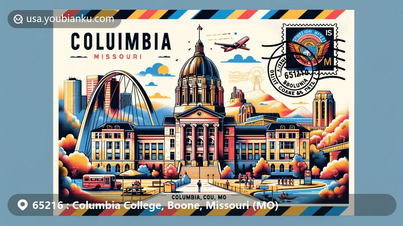 Vivid illustration representing Columbia College in Columbia, Missouri, postal code 65216, with Boone County and state of Missouri elements, showcasing educational heritage and natural beauty.