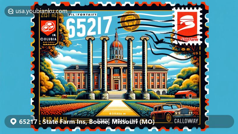 Modern illustration of ZIP code 65217, representing State Farm Ins, Boone, Missouri, featuring iconic Columns at the University of Missouri, Jesse Hall, rural scene from Shryocks Callaway Farm, and postal theme elements like postage stamp and postmark with ZIP code 65217.