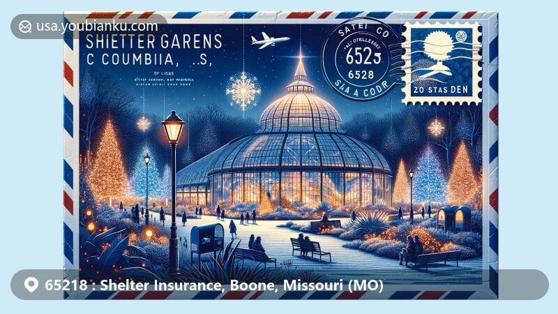 Modern illustration of Shelter Gardens in Columbia, Missouri, capturing the beauty of Winter Wonderland Garden of Lights event with seasonal light displays. Postal theme includes postcard design with stamps, postmark, and ZIP code 65218.