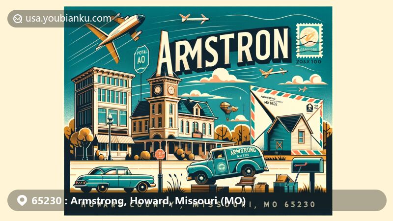 Modern illustration of Armstrong, Howard County, Missouri, highlighting postal theme with ZIP code 65230, showcasing small-town charm and postal elements like vintage air mail envelope, postage stamps, and a postmark.