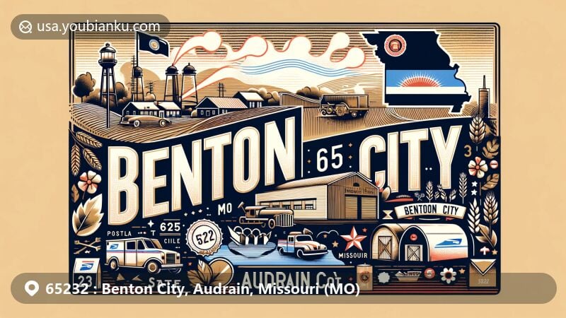Modern illustration of Benton City, Audrain County, Missouri, celebrating ZIP code 65232 with postal themes and rural charm, featuring Audrain County outline, Missouri state flag, and village scene.