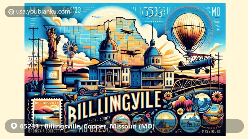 Modern illustration of Billingsville, Cooper County, Missouri, capturing postal theme with ZIP code 65233, featuring Boonslick Historical Society and Missouri state silhouette.