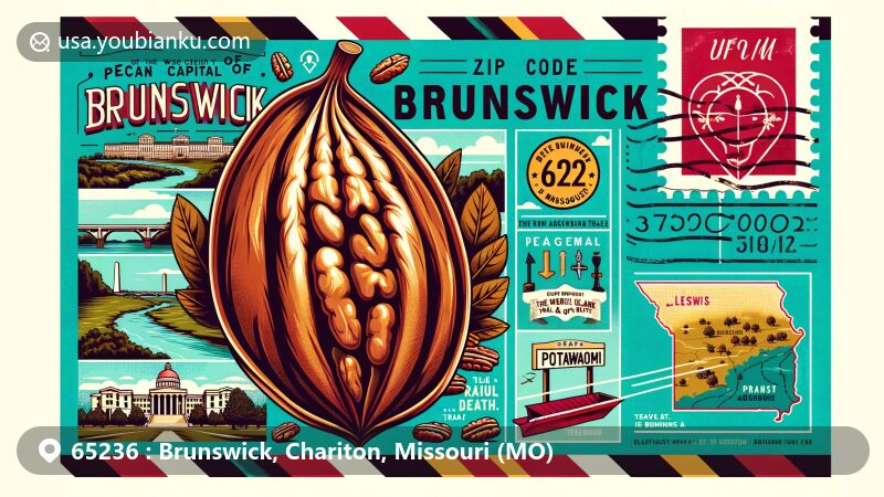 Modern illustration of Brunswick, Missouri, showcasing the Pecan Capital, Potawatomi Trail of Death Marker, and Lewis & Clark Trail, capturing the area's agricultural heritage and historical significance.