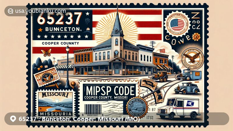 Modern illustration of Bunceton, Cooper County, Missouri, highlighting ZIP code 65237 with regional and postal elements, Main Street view, Missouri symbols, antique envelope, vintage stamp, and postal truck.