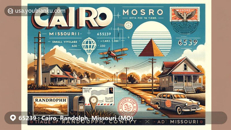 Modern illustration of Cairo, Missouri, showcasing postal theme with ZIP code 65239, featuring iconic elements like vintage postcard, mailbox, and postal car, incorporating subtle pyramid motif nodding to Cairo, Egypt.