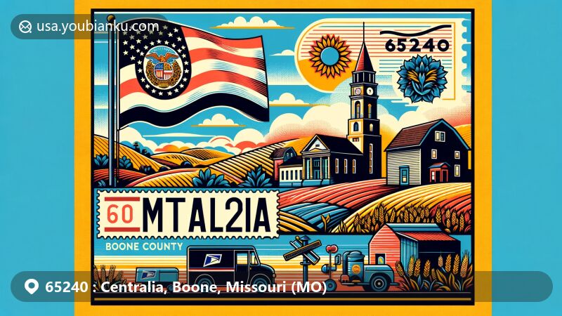Modern illustration of Centralia, Boone County, Missouri (MO) with ZIP code 65240, showcasing Missouri state flag, Boone County outline, local landmark, and postal elements, set against an agricultural backdrop.