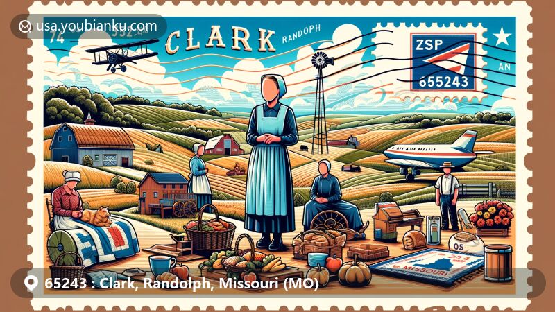 Modern illustration of Clark, Randolph County, Missouri, capturing the essence of the Amish community with homemade goods and quilts, blended with postal theme elements like vintage air mail envelope and ZIP code 65243.
