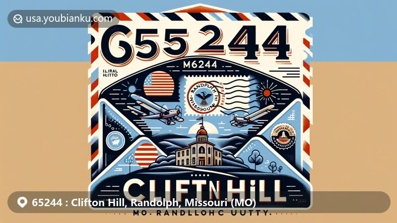 Modern illustration of Clifton Hill, Missouri, with postal code 65244, showcasing airmail envelope design featuring geographical coordinates, Missouri state flag, and Randolph County emblem.