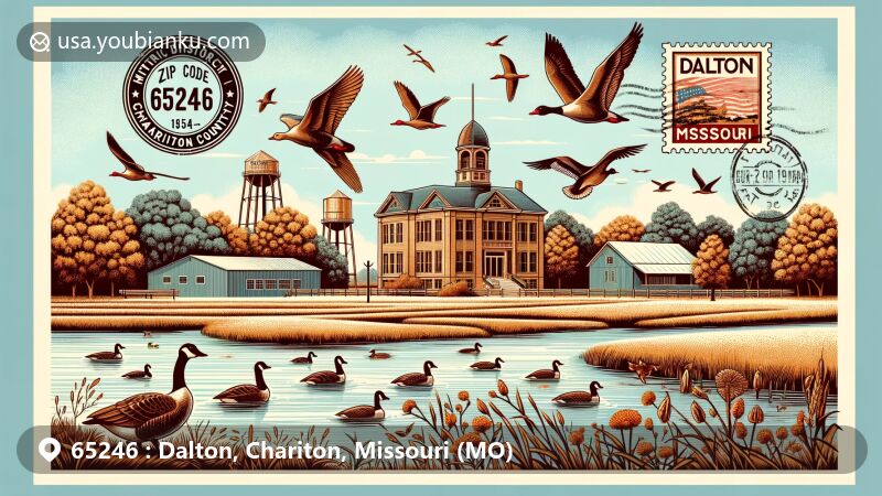 Modern illustration of Dalton, Chariton County, Missouri, highlighting Dalton Vocational School Historic District, the Missouri River, and vintage postal theme with ZIP code 65246.