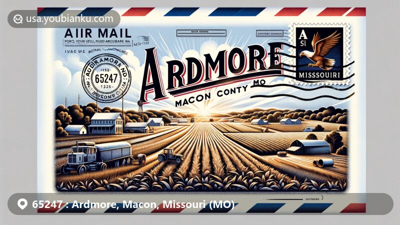 Modern illustration of Ardmore, Macon County, Missouri, depicting agricultural landscape and postal theme with ZIP code 65247, featuring Missouri state flag.