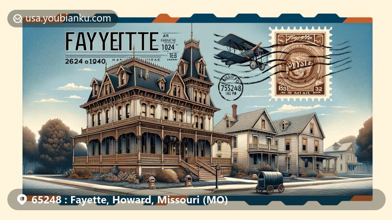 Modern illustration of Fayette, Missouri, showcasing historical architectural features and postal elements, with iconic buildings like John Sears/John B. Clark House and A. F. Davis House, highlighting ZIP code 65248.