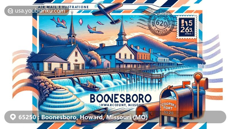 Modern illustration of Boonesboro, Howard County, Missouri, showcasing historical landmarks including Boone's Lick State Historic Site and Cooper's Fort, combined with postal elements, stamps, and a mailbox against air mail envelope backdrop.