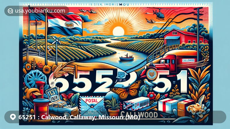 Modern illustration of Calwood, Callaway County, Missouri, featuring the unique character and history of the area, including Missouri Routes JJ and Z intersection, Auxvasse Creek, state flag, and 'The Kingdom of Callaway' nickname.