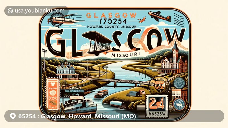 Modern illustration of Glasgow, Howard County, Missouri, capturing the charm of the area with the Missouri River as a backdrop, featuring a vintage air mail envelope with stamps and a postmark bearing 'Glasgow, MO 65254'.