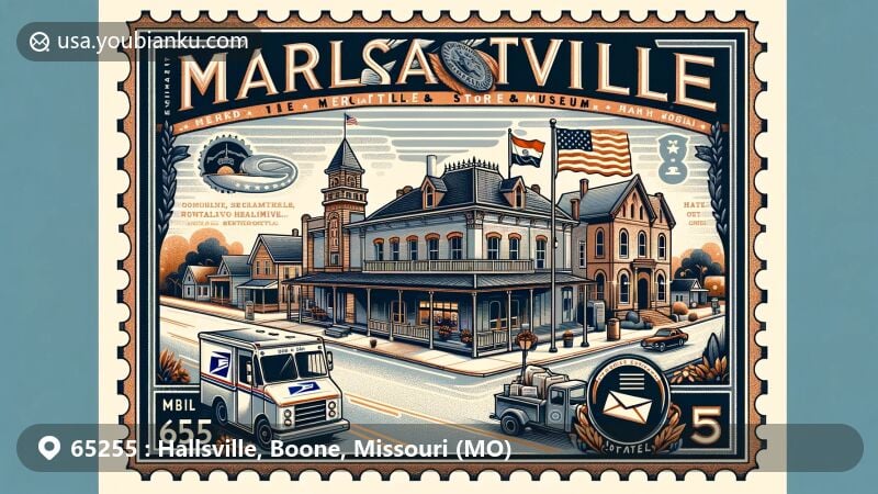 Modern illustration of Hallsville area in Missouri, featuring Mercantile Store & Museum and Morgenthaler Home, integrating postal elements such as retro stamp with '65255' ZIP code, showcasing town's heritage and community spirit.