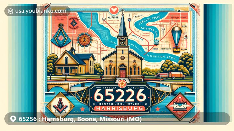 Modern illustration of Harrisburg, Missouri, featuring historical church or school building with Masonic lodge, symbolizing rich history and growth within ZIP code 65256, surrounded by stylized map highlighting Missouri Route 124 and proximity to Perche Creek.