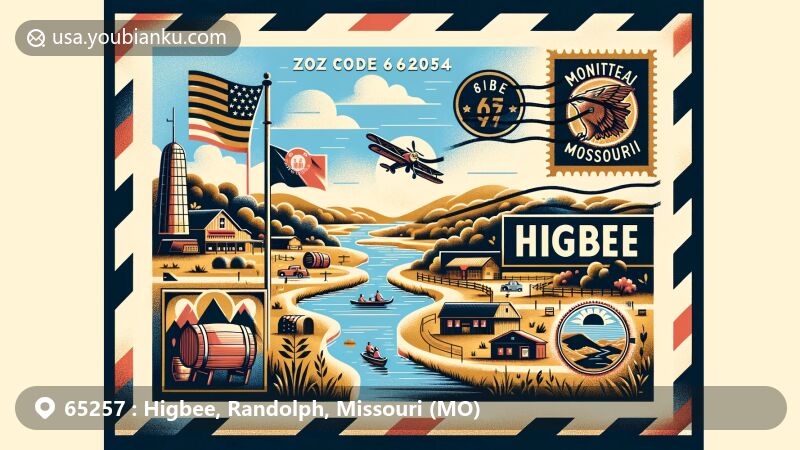 Modern illustration of Higbee, Randolph County, Missouri, showcasing a vintage air mail envelope with scenic beauty, highlighting small-town charm, parks, and trails. Includes Moniteau Creek and Missouri state flag, featuring ZIP code 65257 and town name 'Higbee', with postage stamp of A&K Cooperage.
