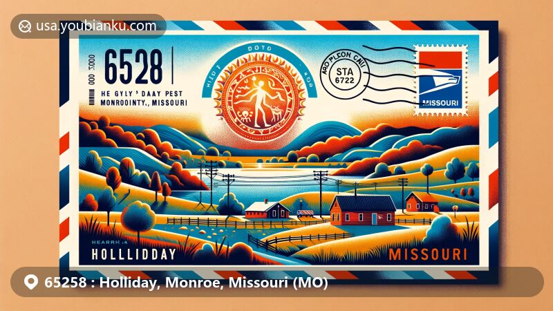 Modern illustration of Holliday, Monroe County, Missouri, featuring Holliday Petroglyphs, Missouri state symbols, and postal elements in a vibrant postcard design for ZIP code 65258.
