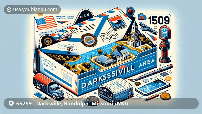 Modern illustration of Darksville, Randolph County, Missouri, featuring postal theme with ZIP code 65259, showcasing Thomas Hill Reservoir, Huntsville Historical Society Museum, and Missouri state flag.