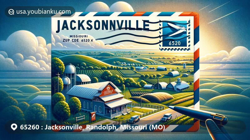 Modern illustration of Jacksonville, Missouri, capturing ZIP code 65260 with a visual of an airmail envelope adorned with postal elements, showcasing scenic rural landscape, including rolling hills, lush farmlands, and serene countryside, and featuring postal symbols like stamps and postmarks.