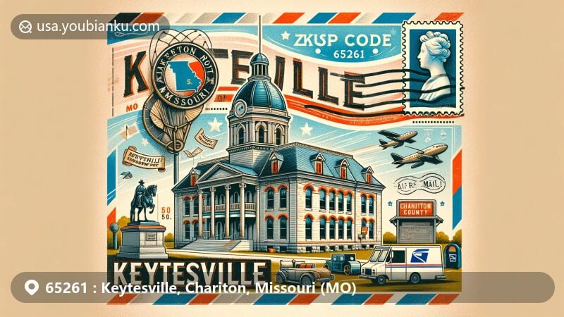 Creative illustration of Keytesville, Chariton County, Missouri, featuring a postal theme with vintage air mail envelope, Missouri state flag, historic courthouse, and postal elements like a postmark and mailbox.