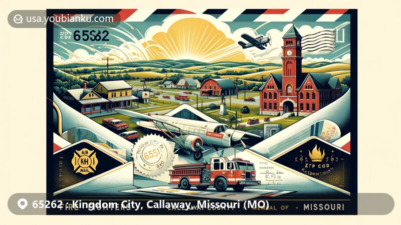 Modern illustration of Kingdom City, Callaway County, Missouri, highlighting postal theme with ZIP code 65262, featuring 'Fire Fighters Memorial of Missouri' and local landmarks.