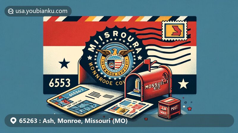 Modern illustration of Ash, Monroe County, Missouri, showcasing postal theme with ZIP code 65263, featuring Missouri state flag and air mail envelope with detailed map outline of Monroe County.