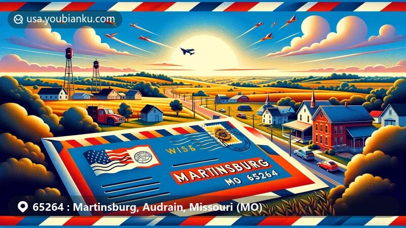 Modern illustration of Martinsburg, Missouri, highlighting small-town charm with houses, farmlands, and a blue sky. Includes an air mail envelope with a postcard of Missouri state flag, showcasing rural beauty and community spirit.