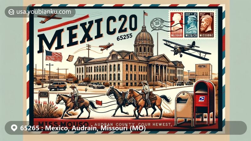 Modern illustration of Mexico City, Audrain County, Missouri, featuring postal theme with ZIP code 65265, showcasing Audrain County Courthouse, former capital of Saddle Horse Capital, and 'Main Street of the Midwest' nickname.
