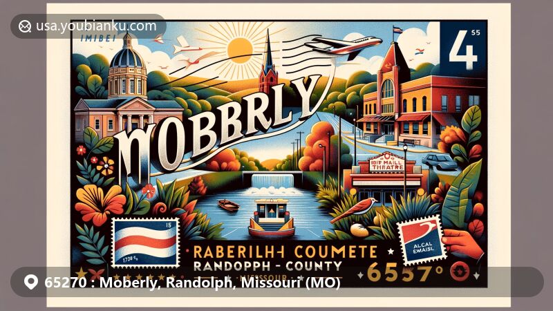 Modern illustration of Moberly, Randolph County, Missouri, blending postal theme with ZIP code 65270, showcasing Rothwell Park, the 4th Street Theatre, and Missouri state flag elements.