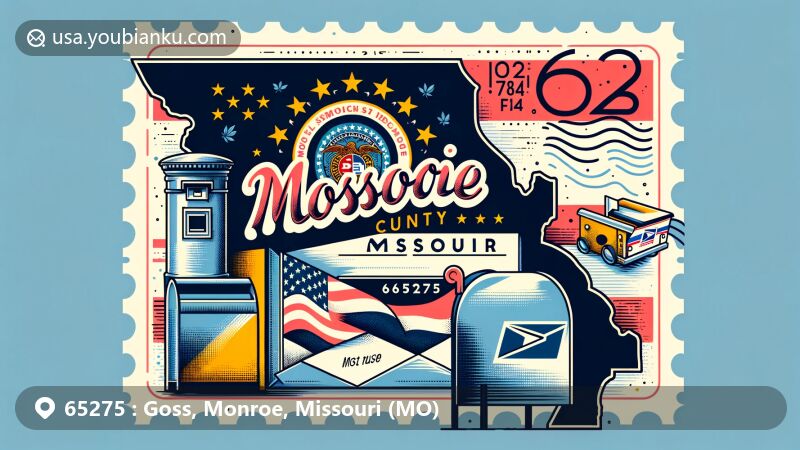 Modern illustration of Goss, Monroe County, Missouri, with postal theme and ZIP code 65275, featuring Missouri state flag elements and iconic American mailbox.