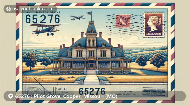 Illustration of Pilot Grove, Cooper County, Missouri, showcasing Crestmead Mansion and high prairie hills, with vintage air mail envelope highlighting ZIP code 65276 and Missouri state flag stamp.
