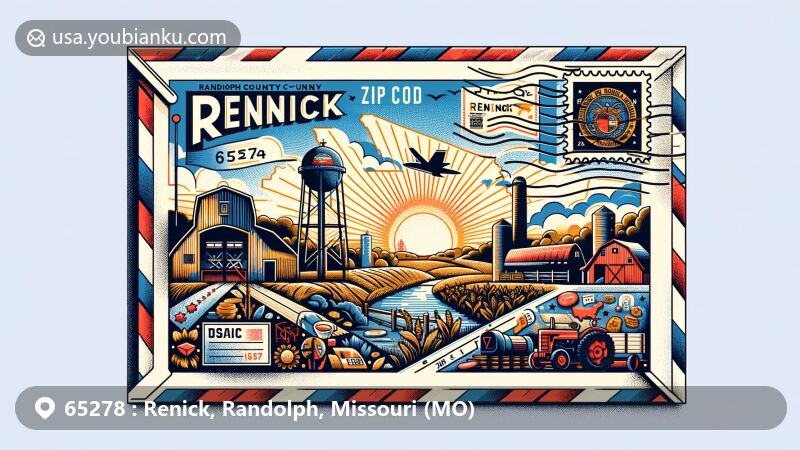 Modern illustration of Renick, Randolph County, Missouri, showcasing postal theme with ZIP code 65278, featuring airmail envelope design, stamps, postmark, and Missouri state flag.