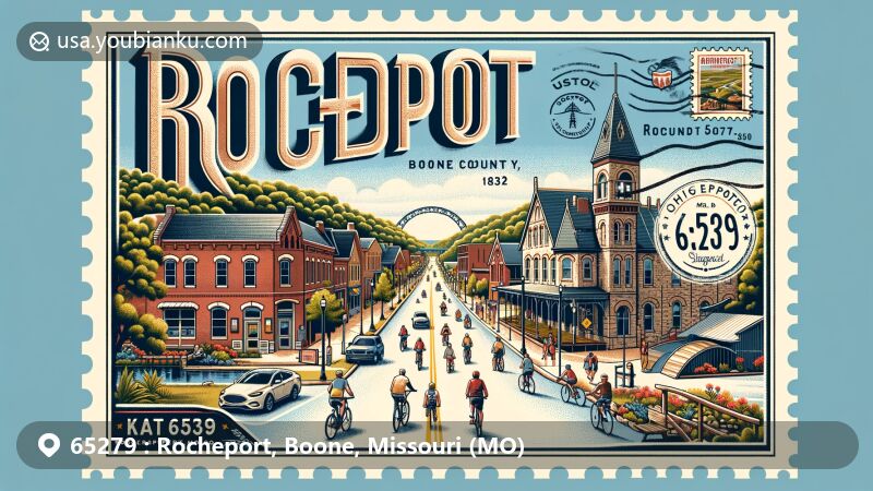 Modern illustration of Rocheport, Boone County, Missouri, showcasing charm of Rocheport Historic District from 1830s, featuring Katy Trail and outdoor activities, with rolling hills background and vintage postal elements.