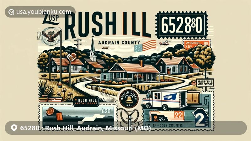 Modern illustration of Rush Hill, Audrain County, Missouri, featuring state symbols and postal elements with ZIP code 65280.